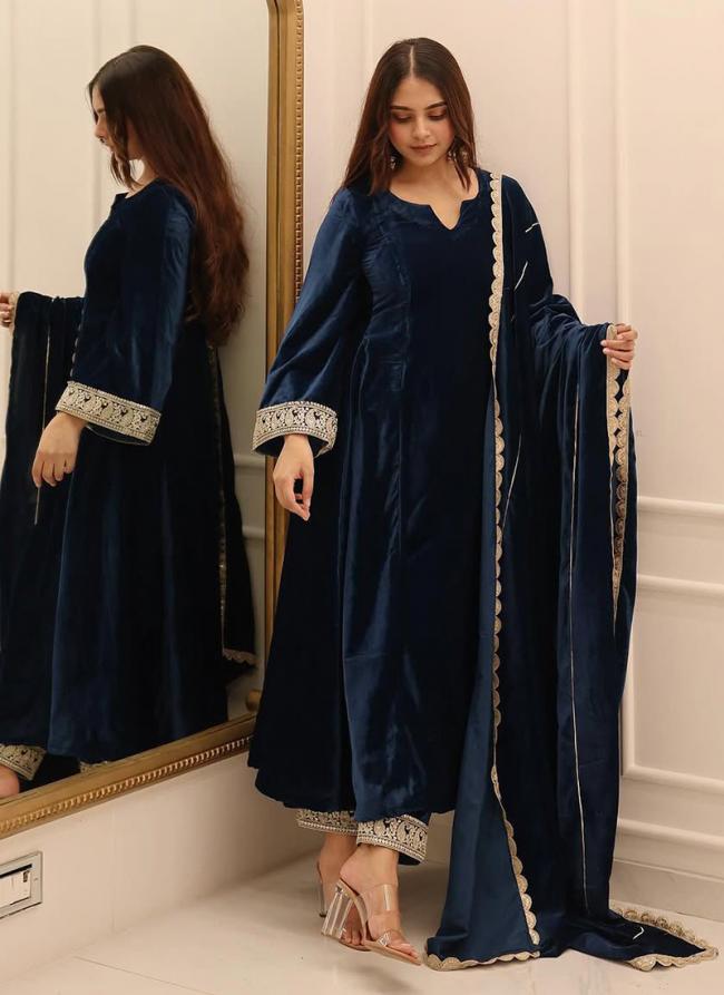 Vicscose Velvet Blue Party Wear Embroidery Work Readymade Anarkali Suit